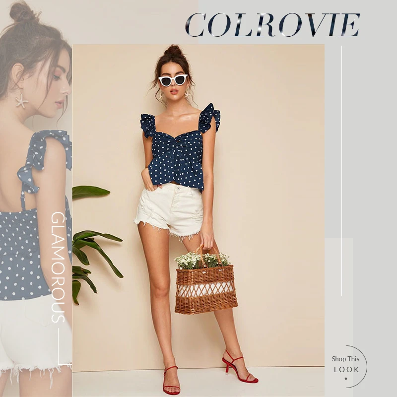 COLROVIE, темно-синий, крученый, в горошек, Boho, укороченный топ с баской, Женская Сексуальная Блузка, рубашка,, летняя, белая, для отдыха, для девушек, блузки