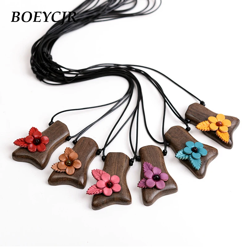 

BOEYCJR 6 Colors Available Vintage Leather Flower Pendant Necklace Handmade Jewelry Wooden Pendant Necklace for Women
