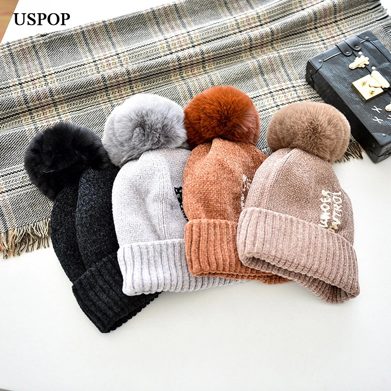 

USPOP 2019 New fashion Thick winter beanies pompoms hat women chenille velvet hats female casual soft warm letter skullies