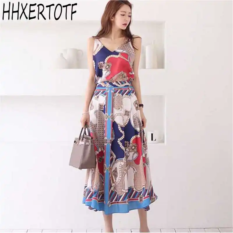 

Bohemian Style Beach Suits Women 2019 Summer 2 Pieces Spaghetti Strap Blouses & Print A-line Swing Skirt Casual Set