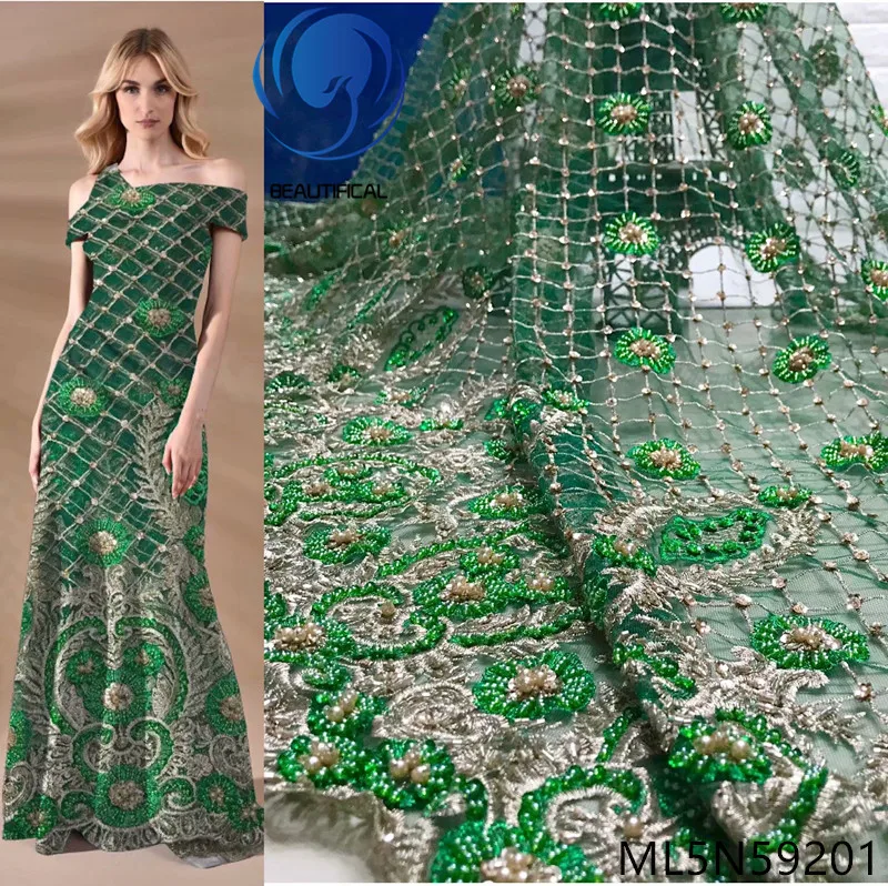 

Beautifical Laces nigerian fabrics New desgin green handcrafted beaded and sequins net lace fabric for wedding 5yards ML5N592