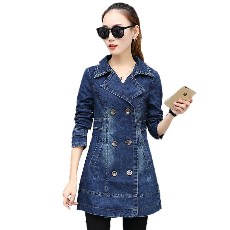 

Cowboy Windbreaker 2019 New Women Slim Medium Long Coat Autumn Long-Sleeved Outerwear Double-Breasted Female Denim Jacket JIA58