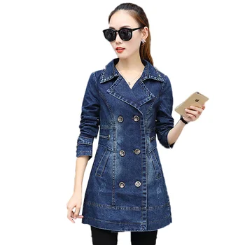 

Cowboy Windbreaker 2019 New Women Slim Medium Long Coat Autumn Long-Sleeved Outerwear Double-Breasted Female Denim Jacket JIA58