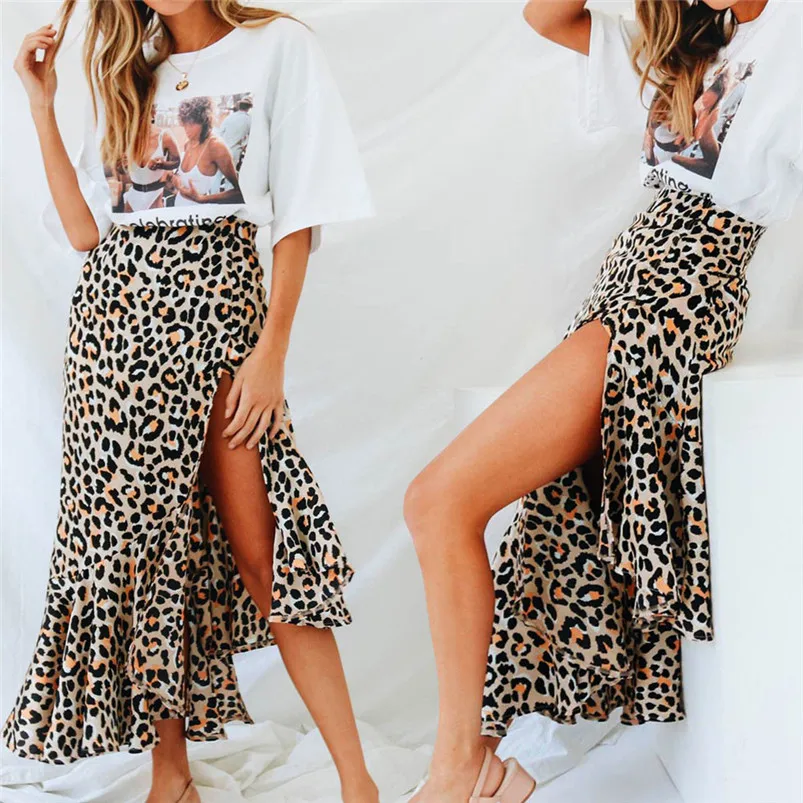 Winter Skirts Womens Leopard Print High Waist Lady Sexy Fashion Cocktail Club Long Skirt Ruffle Skirts Jupe Femme R11 (8)