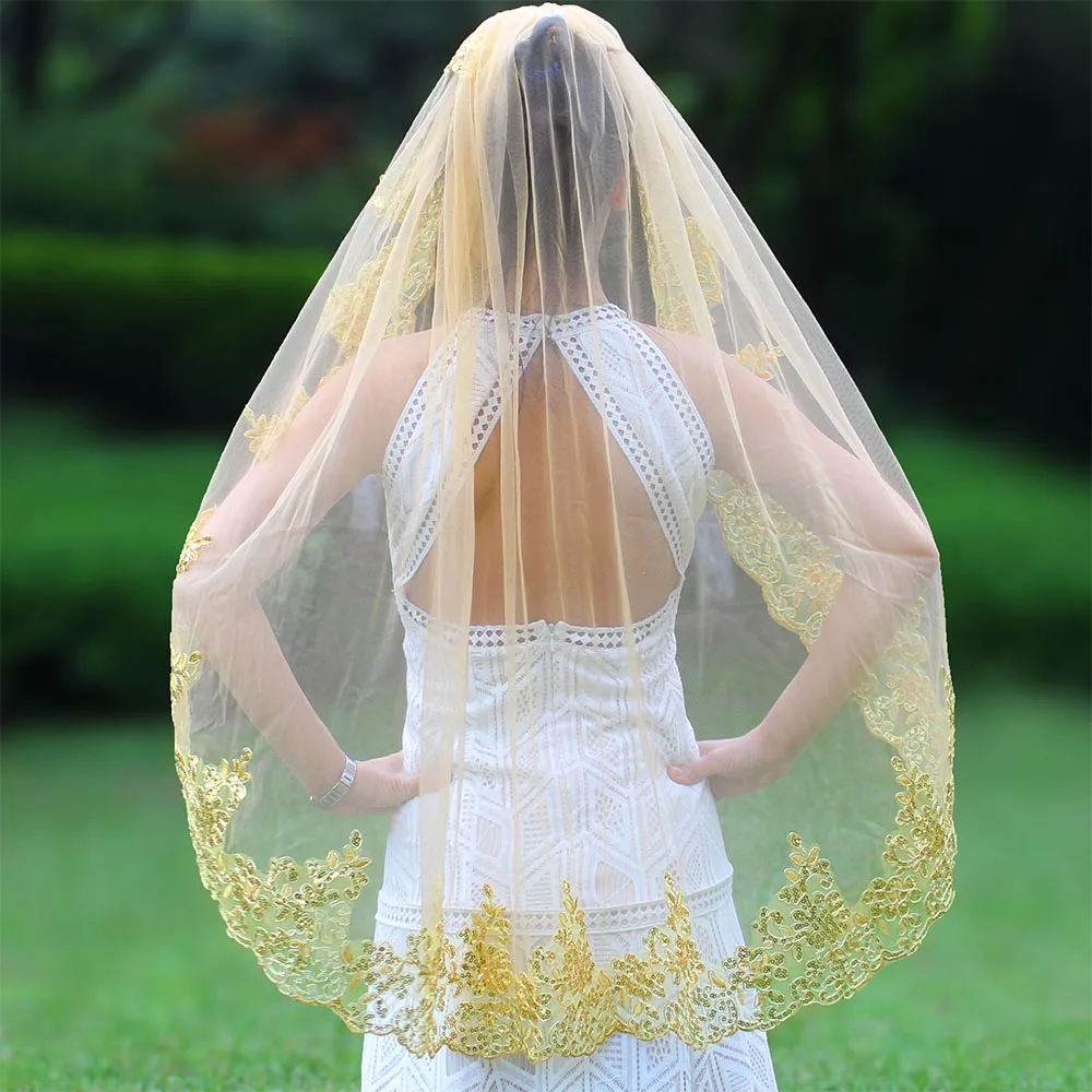 New Luxury Sequined Gold Short Wedding Veil with Comb Bling Bridal Veil