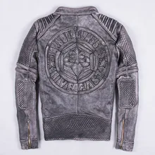 Мужская кожаная куртка с винтажным узором из натуральной воловьей кожи, тонкая мотоциклетная куртка в стиле панк, серая мужская кожаная куртка, ветрозащитные куртки