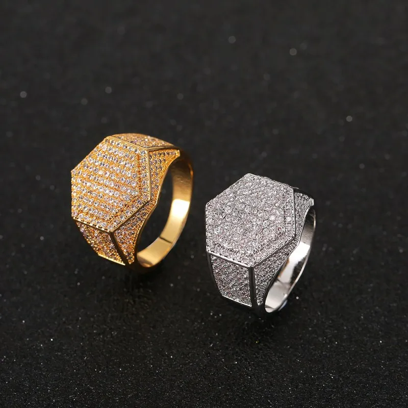 

New Elegant Hexagon Design CZ Rings Puffed Marine Micro Paved Full Bling Iced Out Cubic Zircon Luxury Fashion Men's Ring