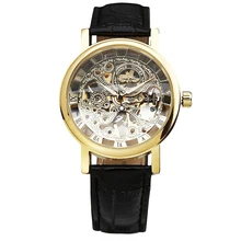2016 WINNER Vintage Women Semi-automatic Mechanical Watches Ladies Wristwatches Leather Strap Skeleton Dial Luminous Hands