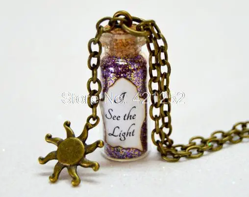 

12pcs Tangled Rapunzel I See The Light Magic glass Bottle Necklace with a Sun Charm Inspired necklace