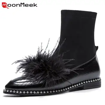 

MoonMeek NEW 2020 fashion feather ankle boots women genuine leather+flock boots pointed toe square low heels autumn boots
