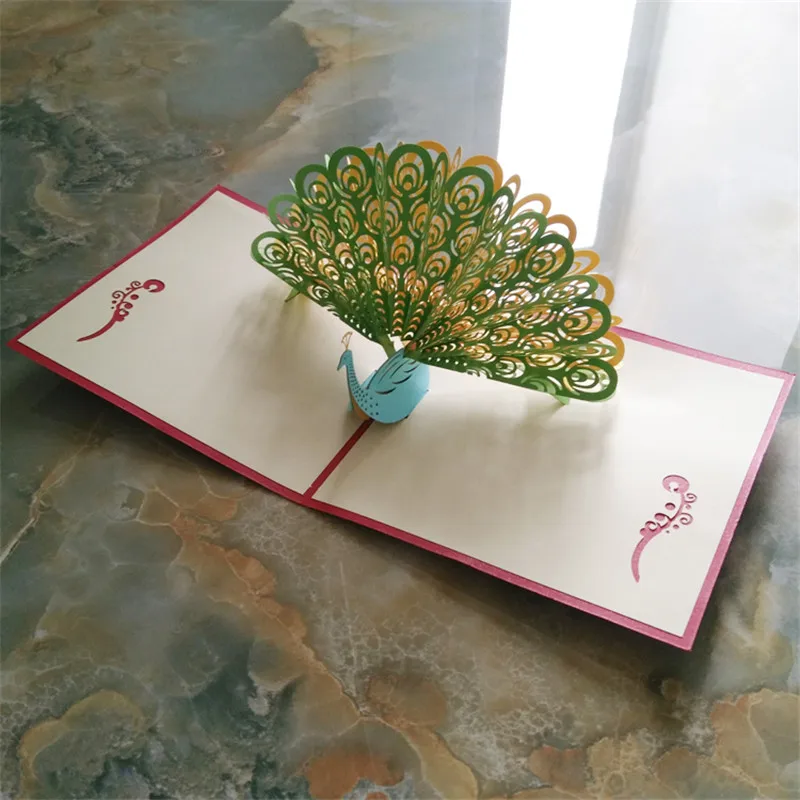 Vintage 3d pop up cards paper laser cut custom greeting cards peacock 