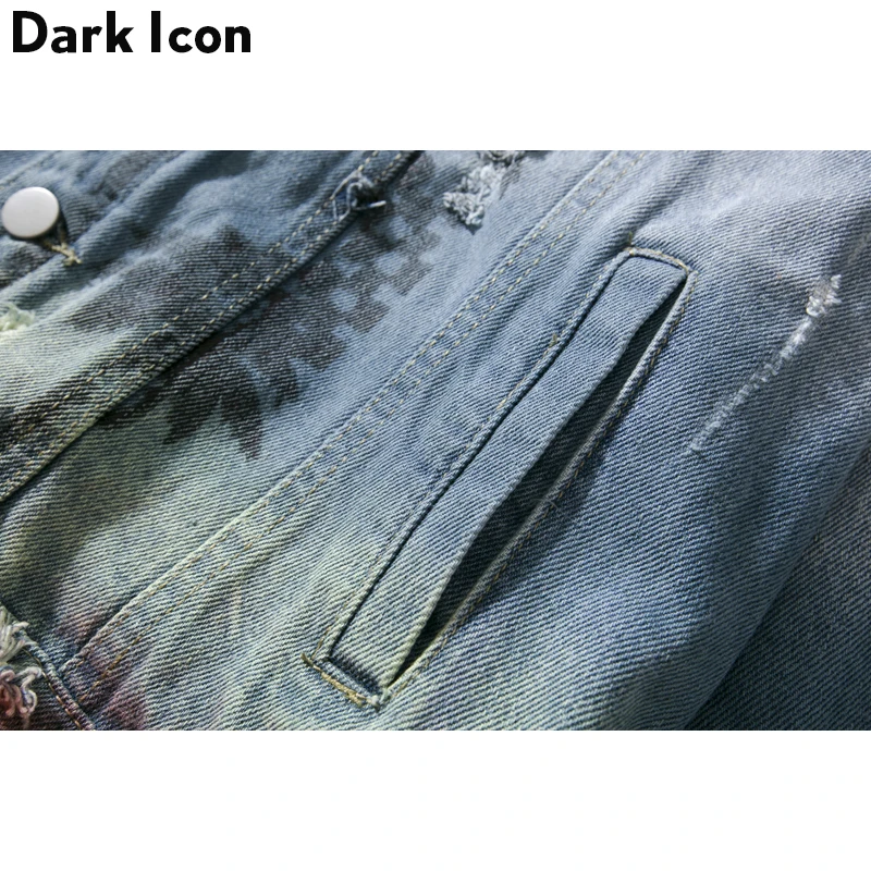 Dark Icon Ripped Denim Jacket Men 2018 Turn-down Collar Jeans Jacket Hip Hop Jacket Coconut Tree Jackets for Man Male Clothes