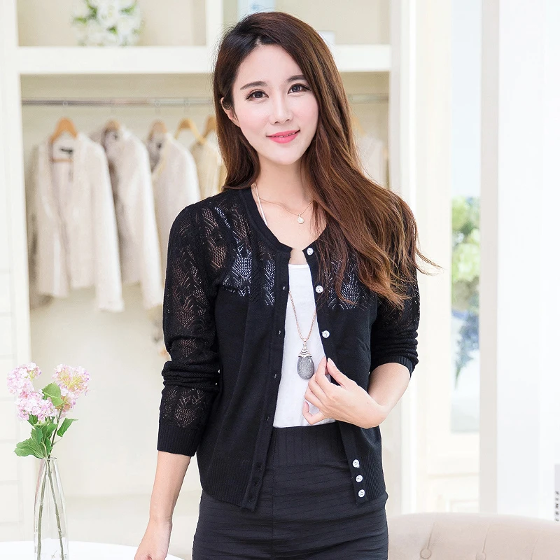 

2017 New Spring & Summer Ladies Hollow Out Thin Knit Cardigan Sweater with Buttons