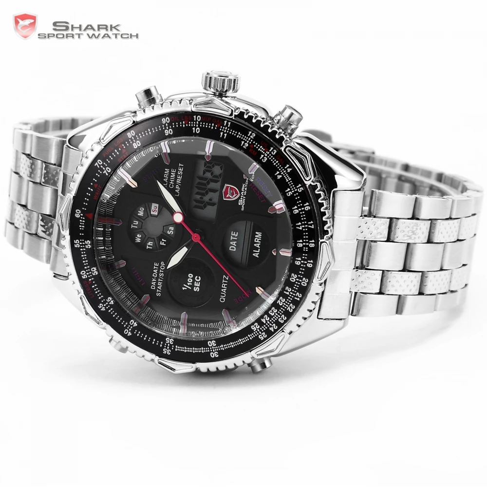 Акула бренд Часы СИД цифровой и аналоговый двойного время серебро нержавеющая сталь Relogios мужские часы мужчины наручные черный кварц военная спортивные часы / SH111