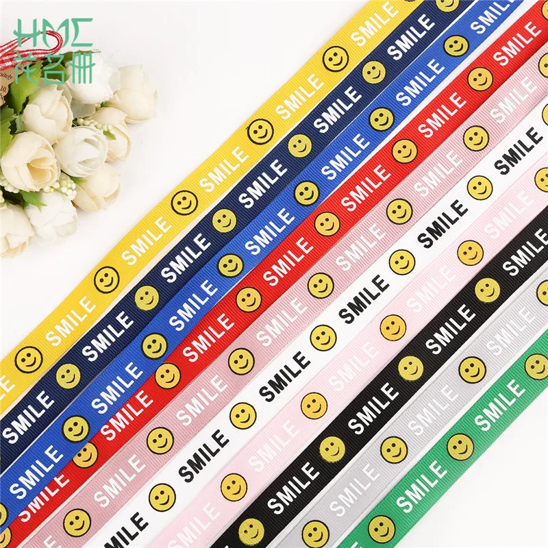 

5yards 5/8'' (15mm) Printed "Smile Face" Grosgrain Ribbon For Hair Bow Party Christmas Wedding Decoration DIY Gift Wrapping