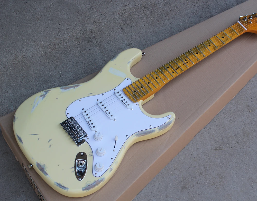 

Factory Milk Yellow Electric Guitar with Vintage Style,White Pickguard,Chrome Hardware,Scalloped Maple Neck,Can be Customized