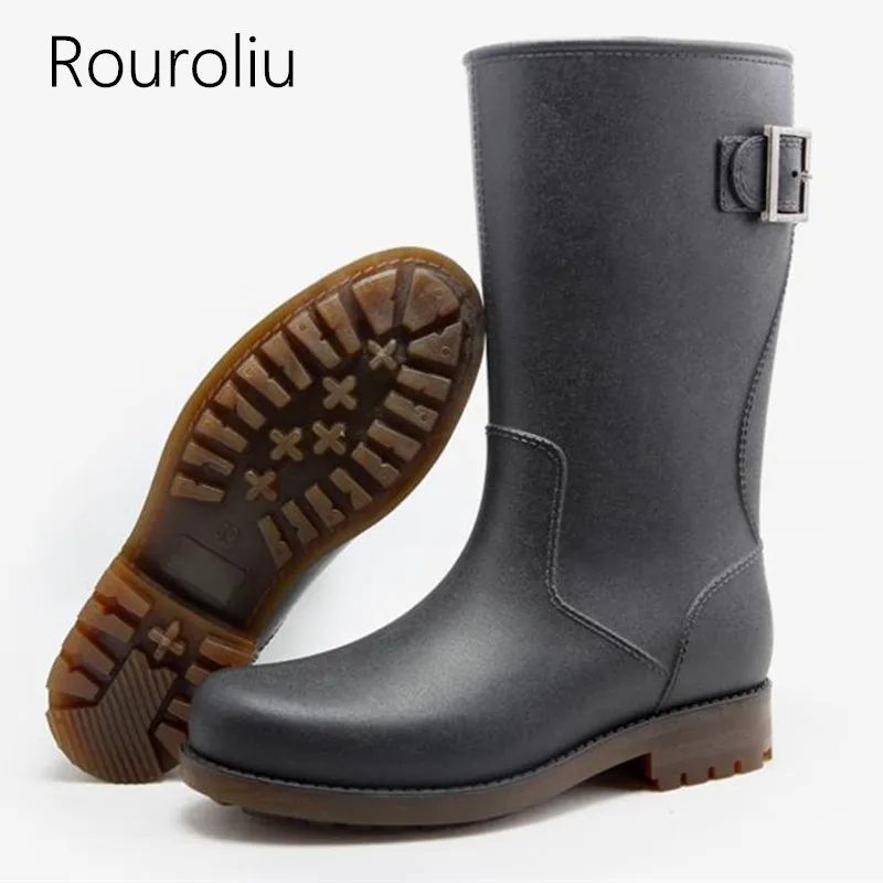 baratas Rouroliu Outono Non slip Botas de Chuva Calçado de Segurança do Trabalho Mid calf Buckle Rainboots Galochas À Prova D Água Sapatos de Água Masculino TR211
