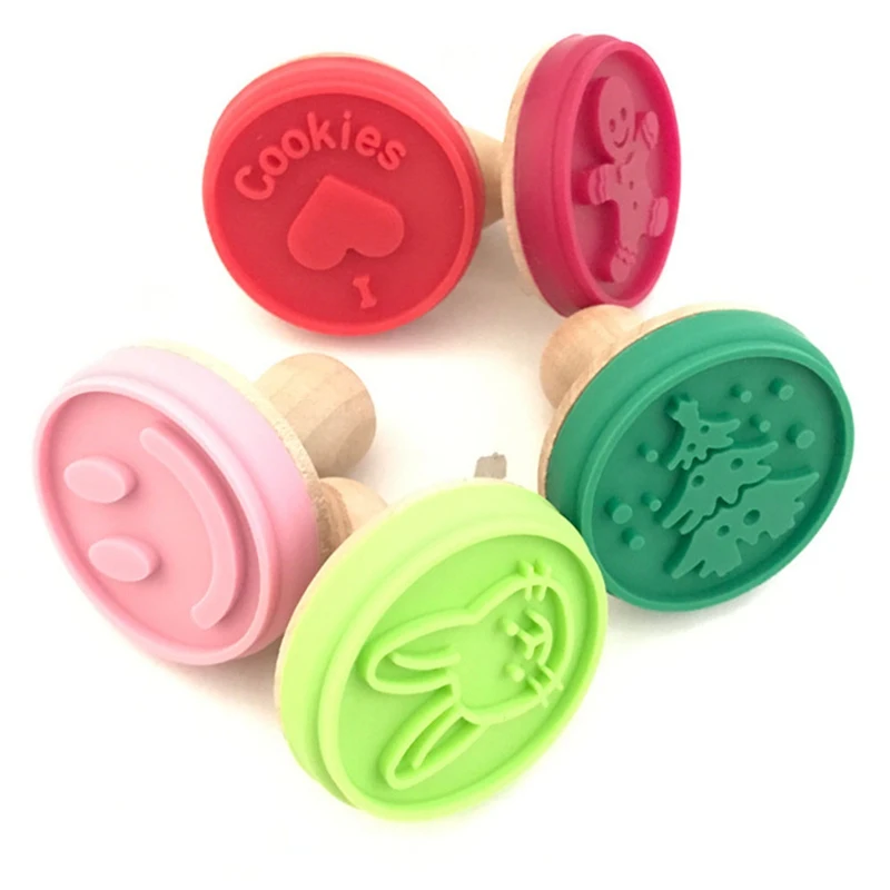 Silicone Cookie Stamp Cutter DIY Pastry Cake Cookie Seal Moulds with Wooden Handle Home Made