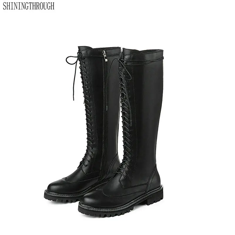 

Genuine leather Knee High Boots woman low Heels lace up western Boots 2019 Autumn Winter warm Botas Women Shoes size 34-43