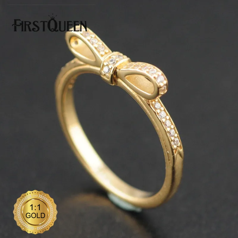 

FirstQueen Top Quality Sparkling Bow Stackable Ring, Clear CZ & 14K Gold Rings For Woman Brand Fine Jewelry Factory Dropship