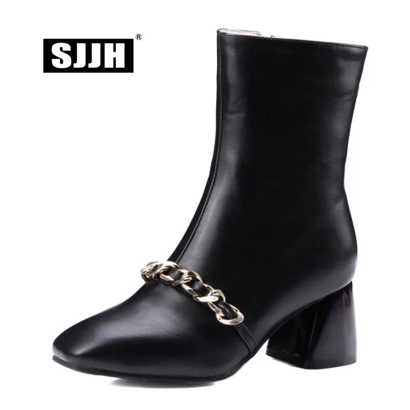 SJJH Women Mid-Calf Boots with Square Toe Zip Chain Plush Martin Boots Fashion Elegant Casual Working Shoes Large Size Q334