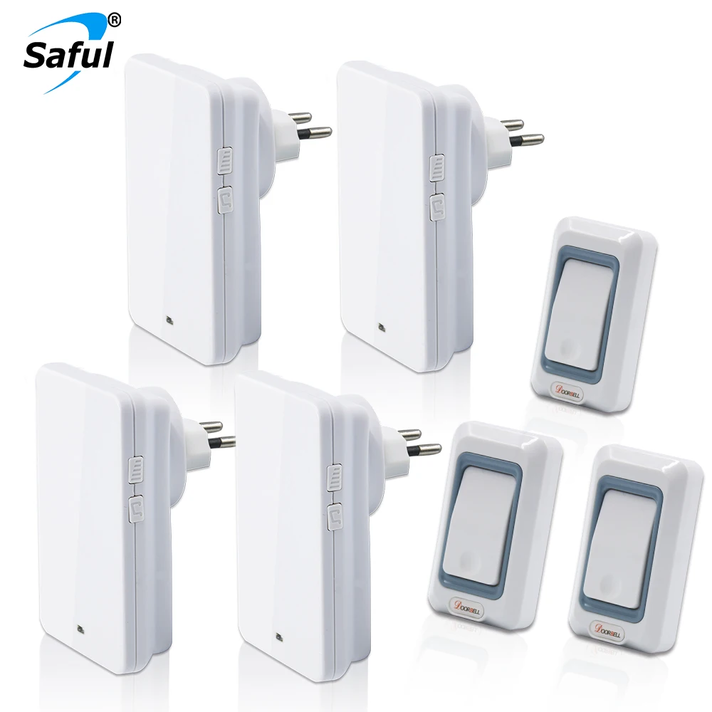 Saful Беспроводной Дверные звонки Водонепроницаемый кнопка с 3 Открытый передатчиков + 4 indoor Дверные звонки приемник EU/US/UK /АС Plug