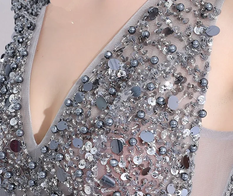 Beaded-Pearls-Pageant-Gown-Sexy-V-Neck-Front-Slit-Gray-Tulle-Long-Formal-Evening-Dresses-robe (3)