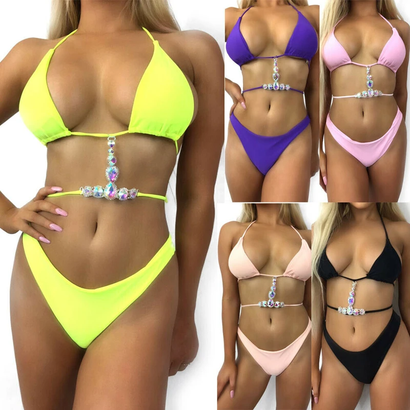 

2PCS Two Piece Women's Sequin Bling Crystal Diamond Solid Push-up Bikini Set Swimsuit Swimwear