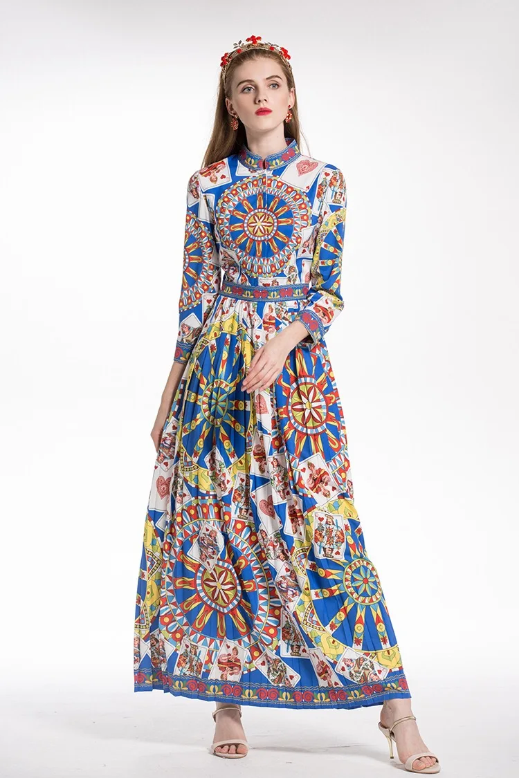 

2019 Spring Summer Original Design Gloria&Grace Blue Flowers Floral Sicily Ankle-Length Dress VESTIDO High End Haute Couture