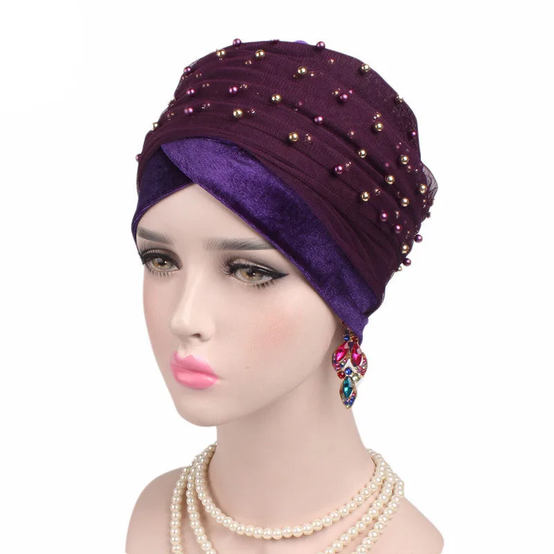 Тюрбан Хиджаб длинный трубчатый головной шарф галстук платок женский тюрбан женский роскошный сплошной золотой бисер сетка длинная повязка на голову - Цвет: purple