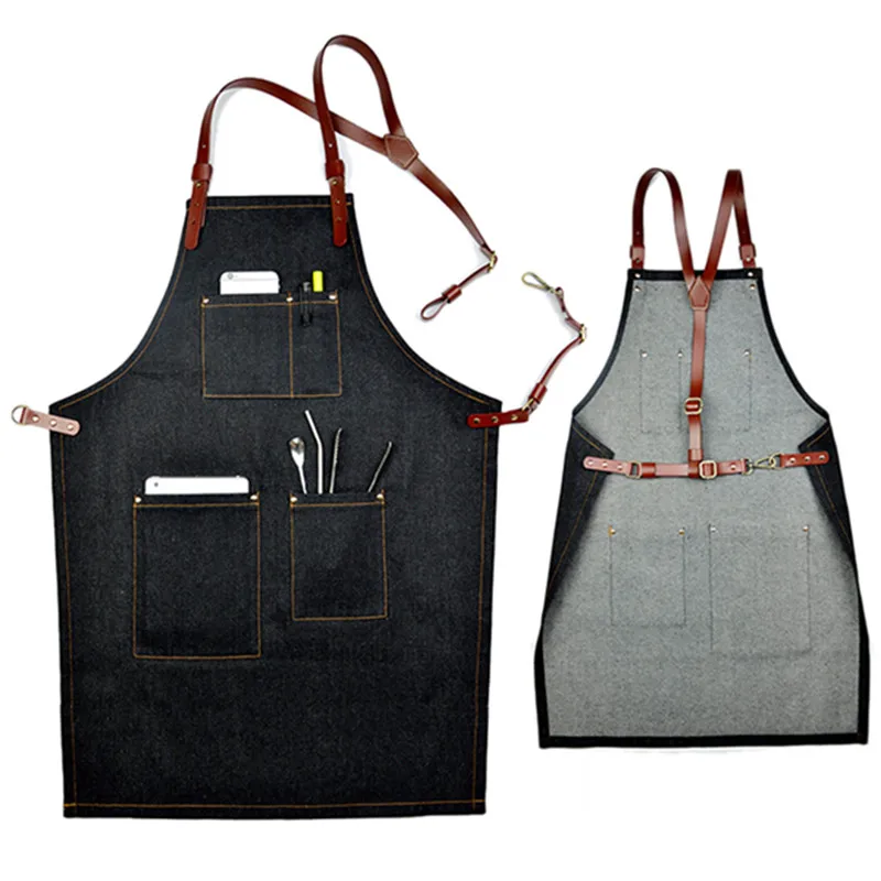 

Black Denim Bib Apron Cowhide Leather Strap Barista Baker Barman Chef Uniform Barber Hairdresser Florist Gardener Work Wear K15