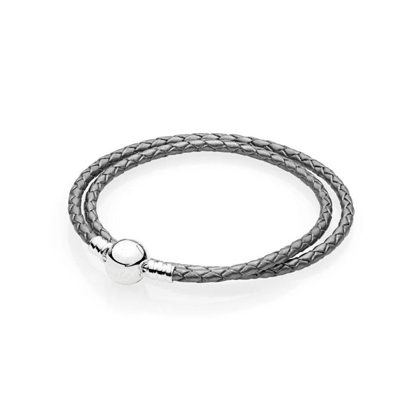 

Dark Silver Grey Leather Bracelets for Women & Men Fashion Silver 925 Jewelry Signature Round Shape Clasp Braided Rope Bracelets