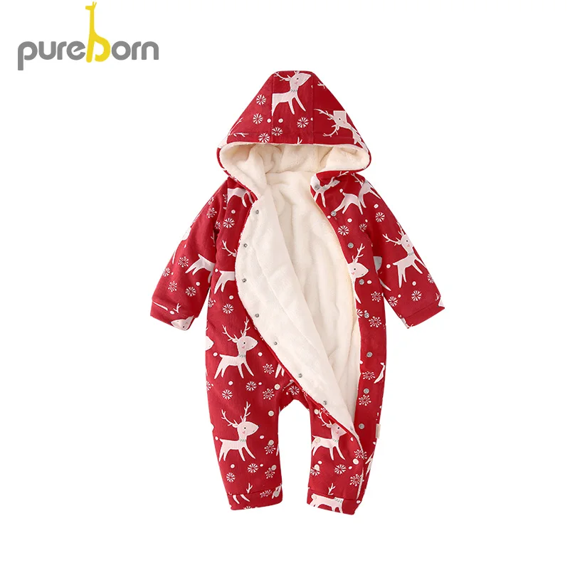 Pureborn/Детский комбинезон унисекс для новорожденных Флисовая одежда с капюшоном
