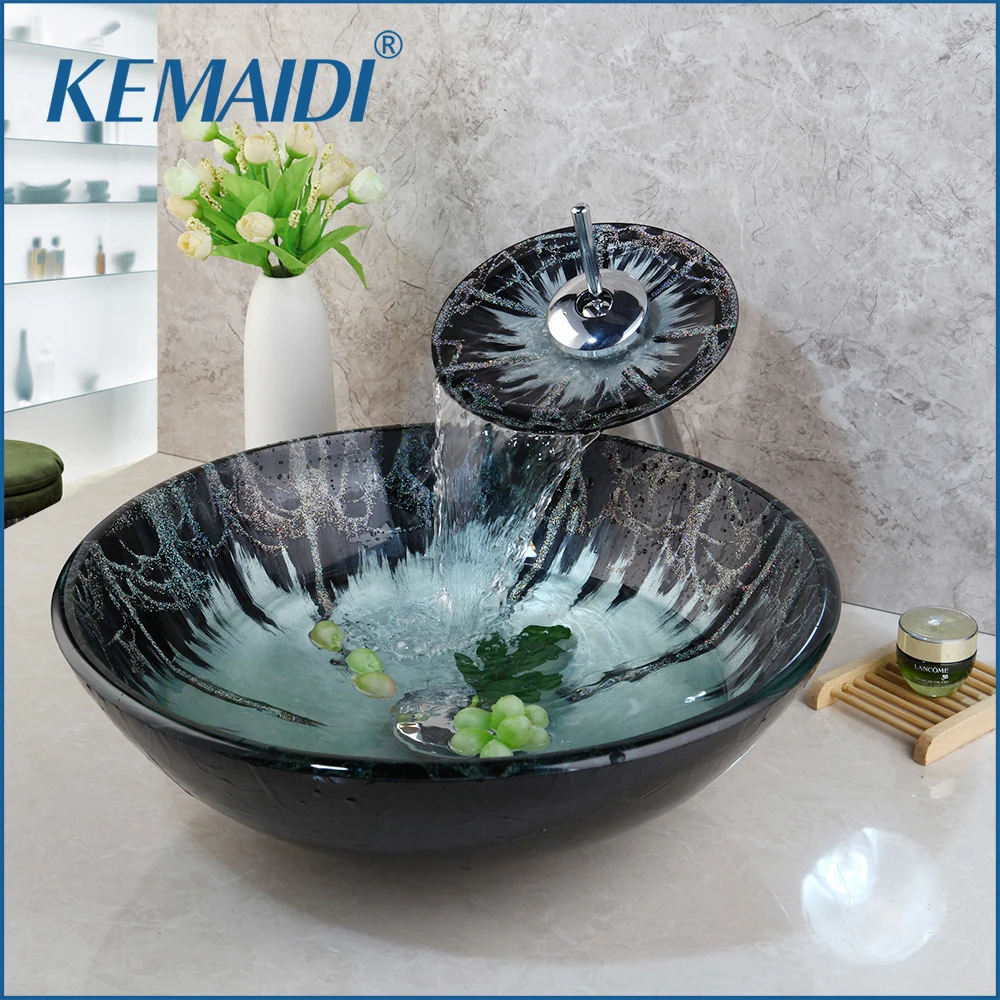 Fa Glass Gold Fish Vessel Sink Brass Chrome Waterfall Mixer Faucet