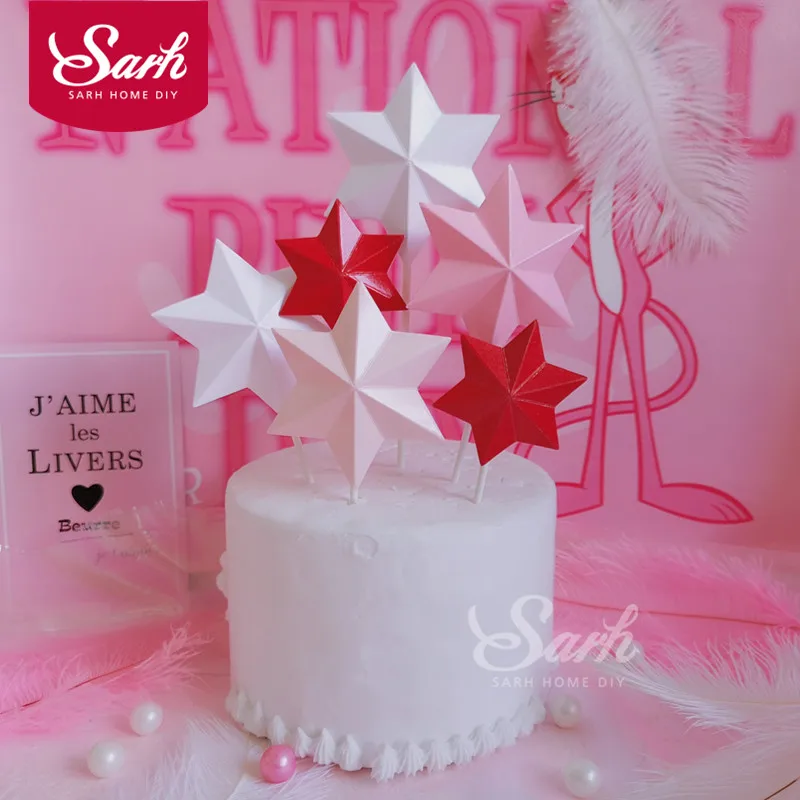 

2Sets Red Pink White 3D Hexagonal Star Collection Cake Topper Dessert Decoration for Wedding Birthday Party Gifts