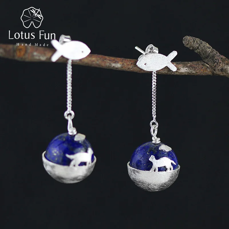 

Lotus Fun Real 925 Sterling Silver Natural Lapis Creative Handmade Fine Jewelry Cat's Dream Dangle Earrings for Women Brincos