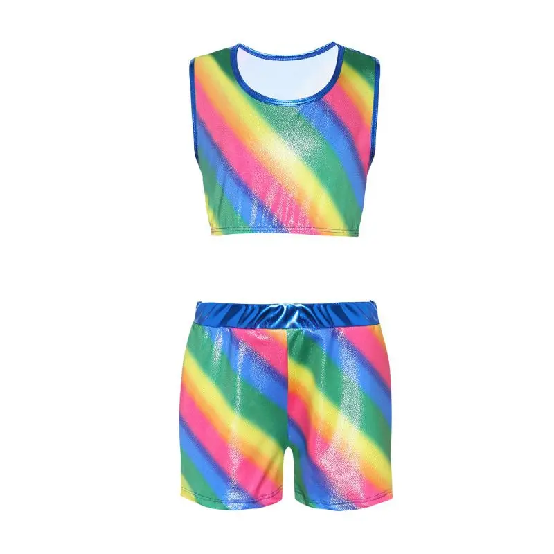 

Split Gymnastics Suit Girls Rainbow Color Matching Body Suit Ballet Dance Practice Clothes summer Dancing Pants Suit
