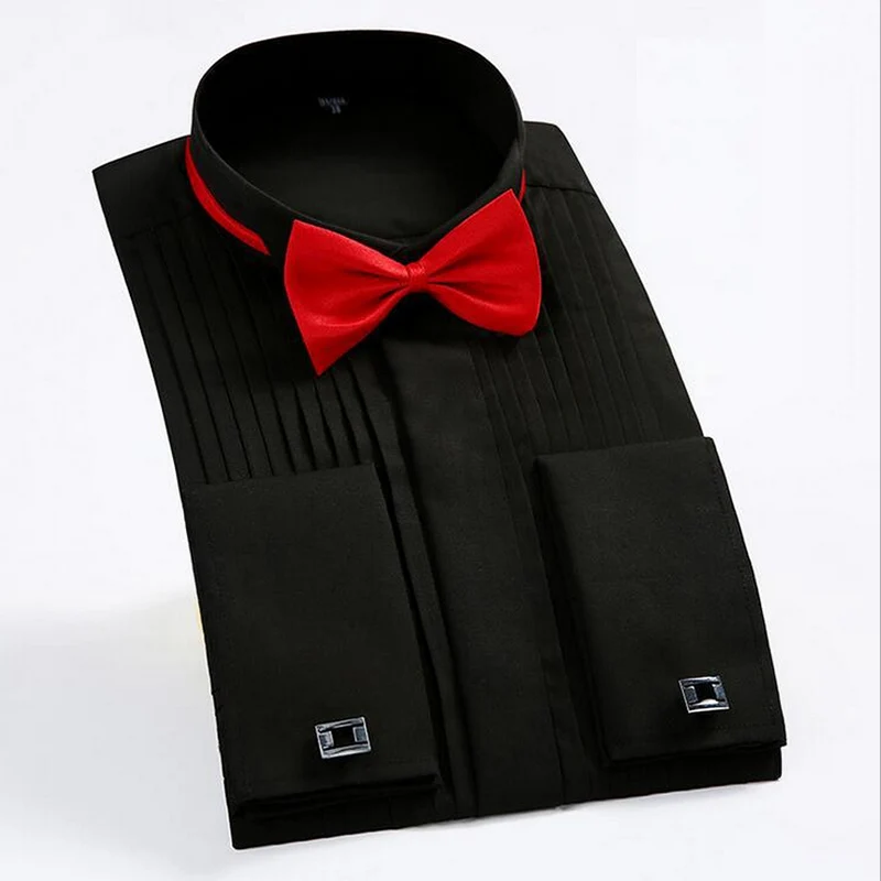 Free bow ties 2018 Fashion White Tuxedo Shirts for Wedding Men Long Sleeve Casual Formal Shirt Men Slim Fit Wedding Male Tops