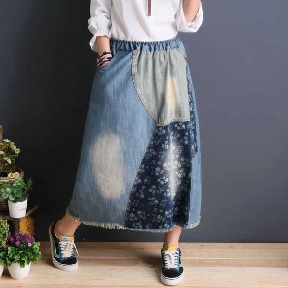 Women Denim Skirt Kawaii Sweet Cute Fashion Long Loose Elastic Waist