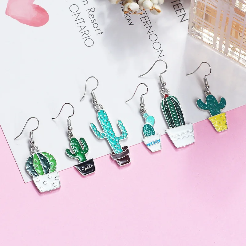 

Summer Lovely Cartoon Green Plant Cactus Pot Culture Unique Drop Dangle Earrings Funny Party Girl Beach Jewelry Gift Wholesale