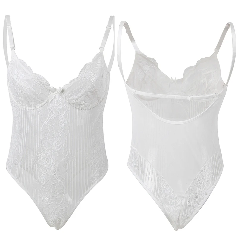 Lace Body Femme Sexy See Though White Black Floral Sheer  Plus Size Bodysuit M XL 3XL 5XL Rompers Womens Jumpsuit R80536