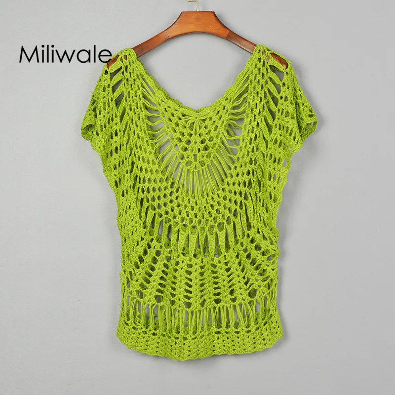 Meilleur Nouveau Printemps été de mode évider main tricoté chauve souris à manches courtes lâche femmes chemise 620