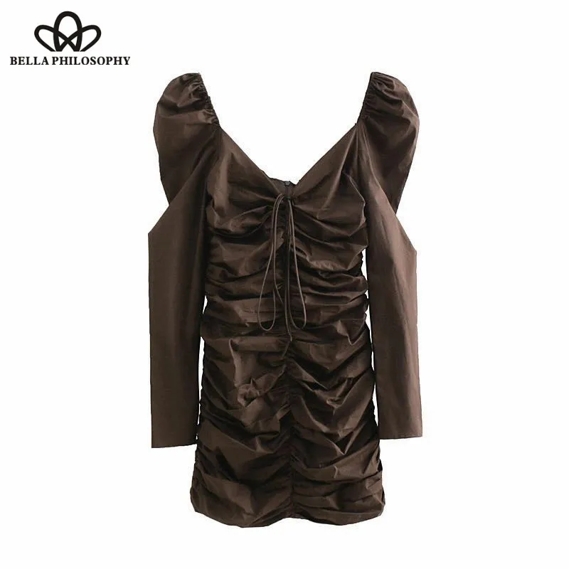 Wonder 2018autumn women sexy puff sleeve lace up bandage pleated slim sheath dress elegant vestidos v neck party club mini dress