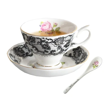 

210ml High-grade Lace black tea Cup Saucer Set Afternoon Ceramic Cup New Bone China coffee Cup Dish Ceramic gift Free Shipping