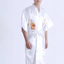 Мужская Китайский Старинные Вышитые Дракон белый Шелк Спальные Одежды