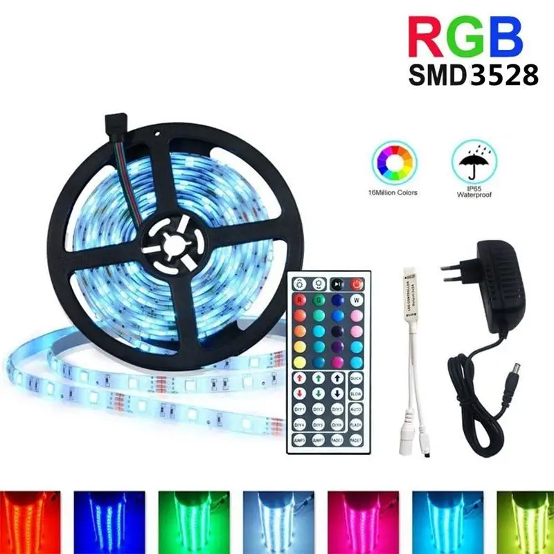 Цветная(RGB светодиодный 5050 полосы светильник SMD 5050 1 м 2 м 5 м 10 м 3528 Водонепроницаемый светодиодный RGB полосы светильник, украшенное мозаикой из драгоценных камней, 12V адаптер переменного тока 44-клавишный пульт дистанционного управления - Emitting Color: RGB 3528