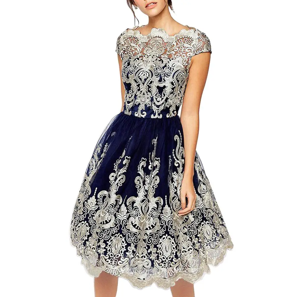

2019 Summer Women Dress Short Sleeve Gauze Embroidery Vintage Style Hollow Out Dress