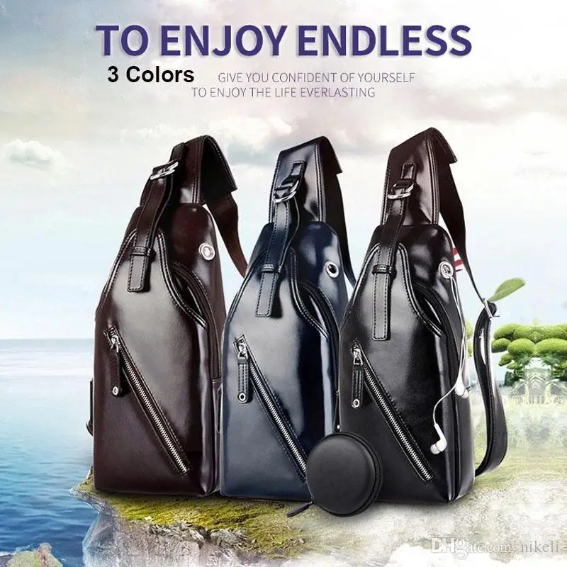 New Back Pack Travel Crossbody Bags Male USB Chest Bag Messenger PU Leather Shoulder Diagonal Package |