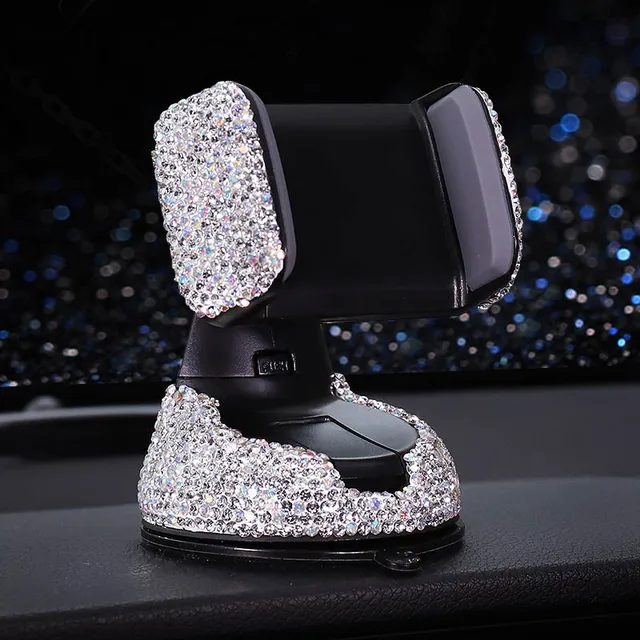 Crystal Rhinestones 360 Degree Car Phone Holder for Car Dashboard Auto Windows and Air Vent Universal Car Mobile Phone Holder white
