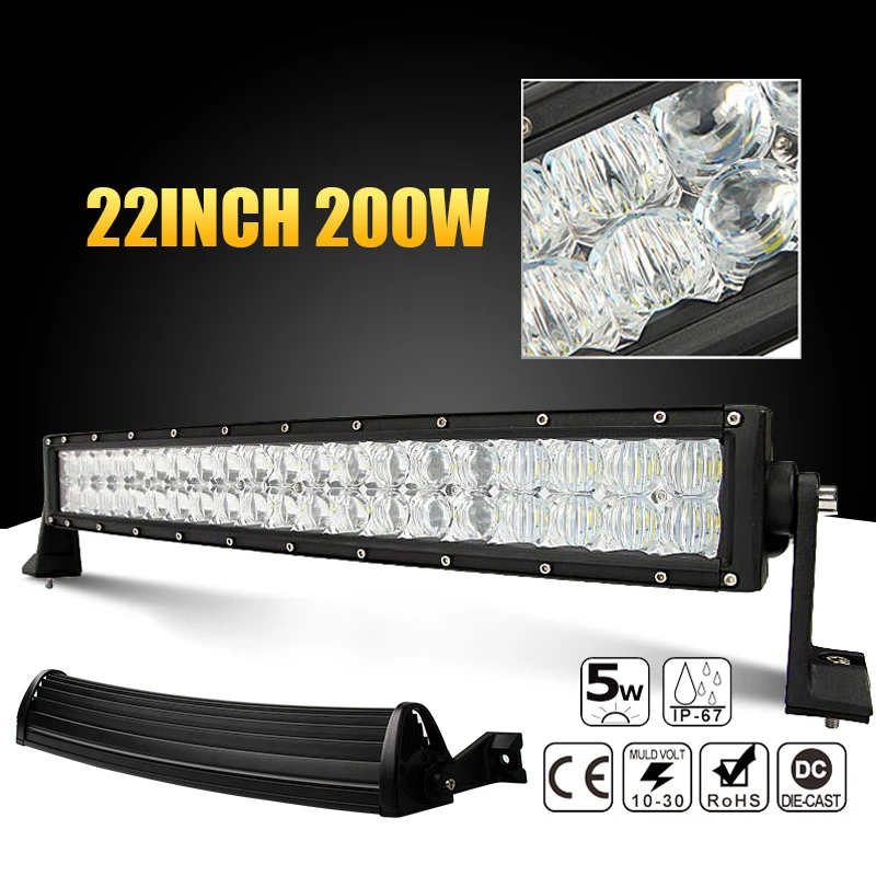 

22 inch 200W Car LED Curved Worklight Bar 40x 5D Chips Combo Offroad Light Driving Lamp for Truck SUV 4X4 4WD ATV